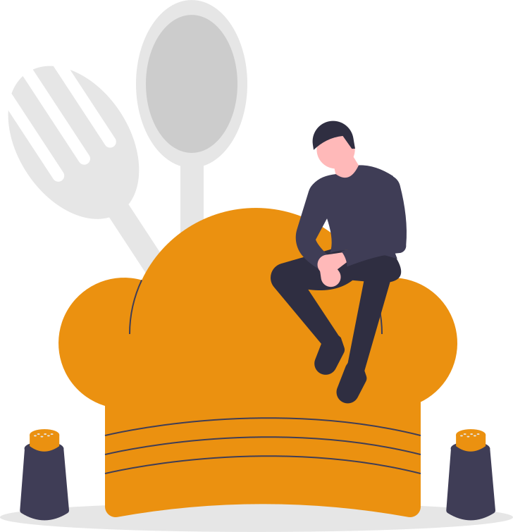 undraw_cooking_lyxy - maconda Illustration Person sitting on a giant orange loaf of bread with an oversized spoon and fork behind it and a salt shaker next to it