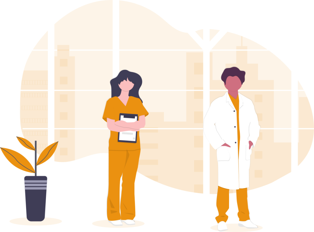 Illustration Two healthcare professionals one in orange clothing with a clipboard one in a white coat in front of an orange grid