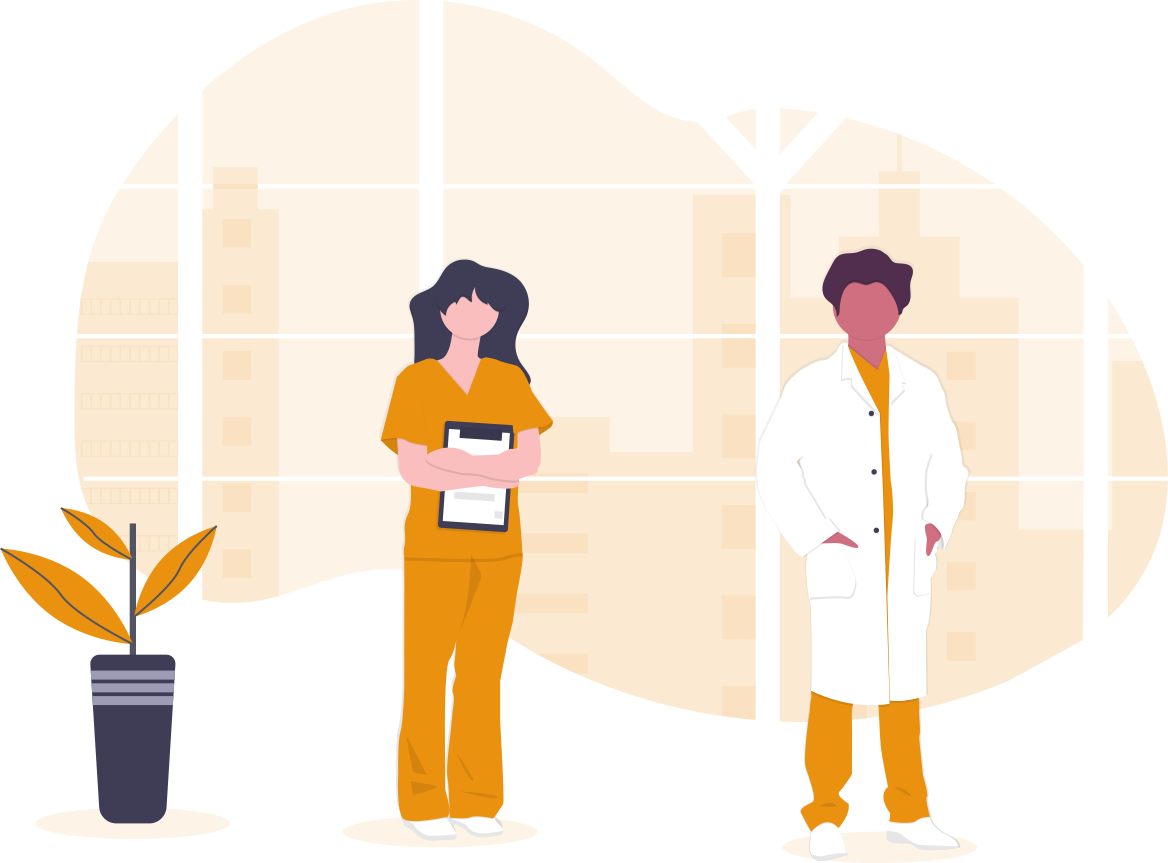 undraw_doctors_hwty - maconda Illustration Nurse in orange clothing with clipboard and doctor in white coat against an orange grid background