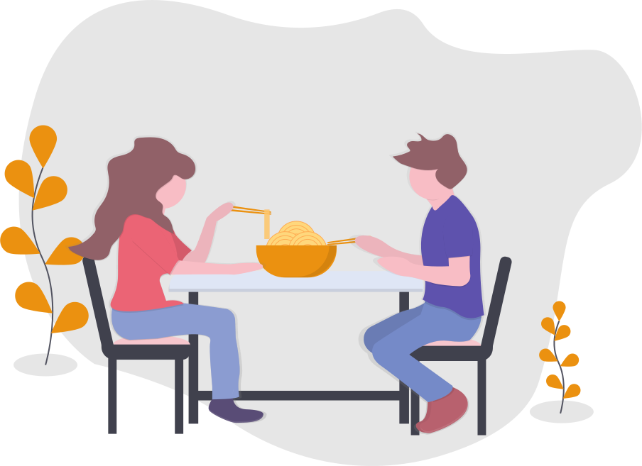 undraw_eating_together_tjhx - maconda Illustration Two people sitting at a table eating noodles with chopsticks from an orange bowl
