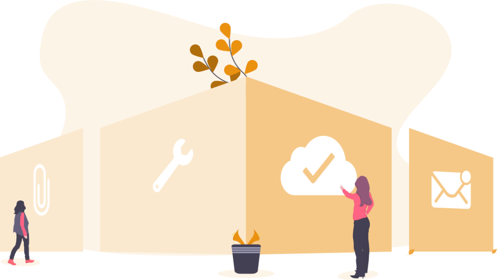Illustration Two people in front of a wall with symbols for tools a cloud with a check mark an attachment and an email