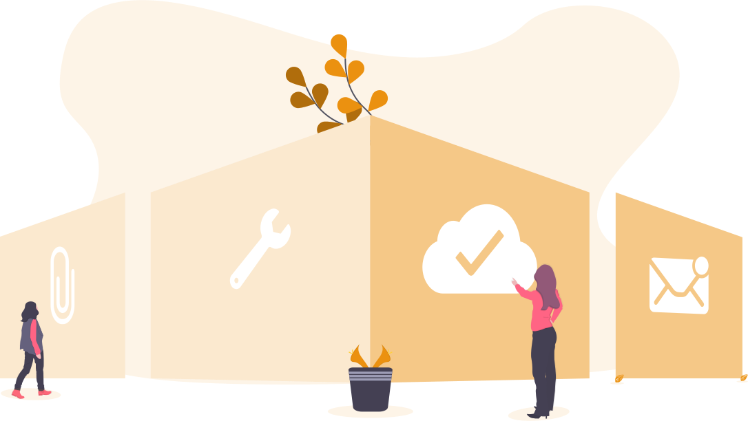Illustration: Two people in front of a wall with symbols for tools, a cloud with a check mark, an attachment and an email.
