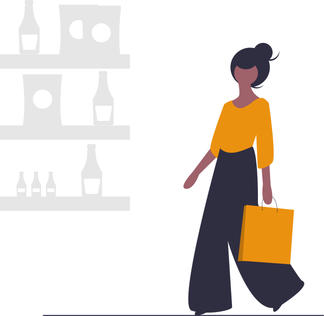 Illustration: Woman with orange shopping bag in front of shelves with bottles.