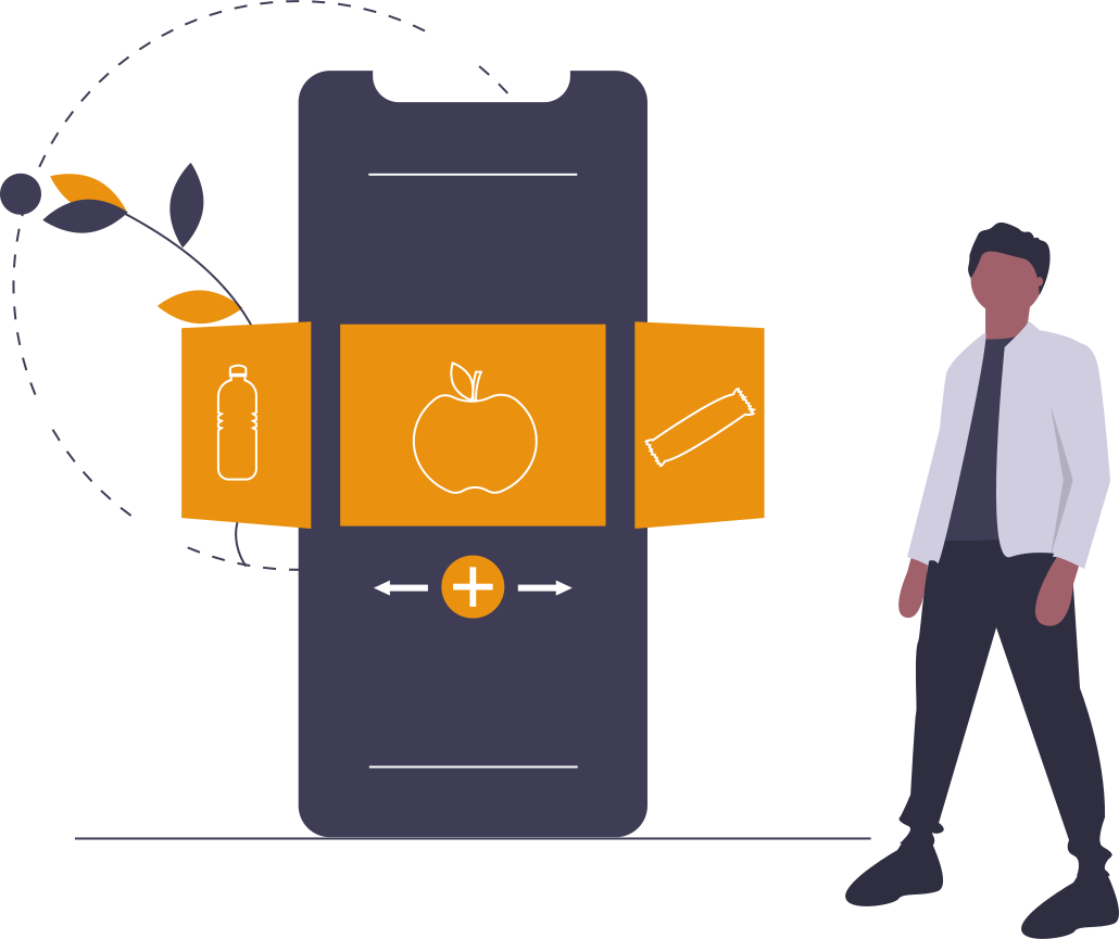 undraw_healthy_options_sdo3 - maconda Illustration Smartphone with three orange cards bottle apple tool next to a person