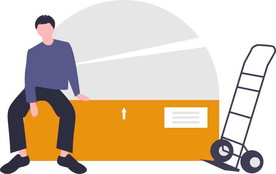 Illustration Person sitting on an oversized orange box next to a hand truck in a warehouse scene