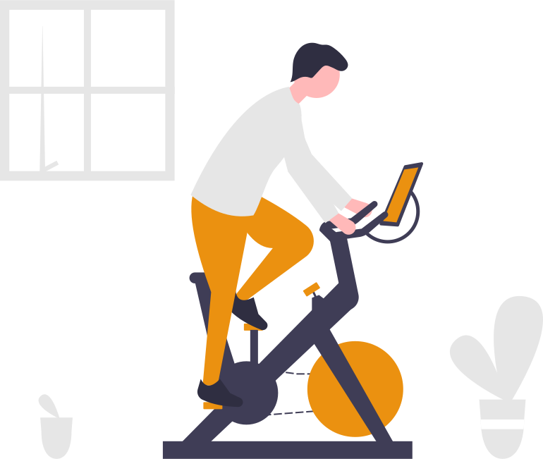 Illustration A person rides a stationary bike and holds a tablet on the handlebars windows and plants in the background