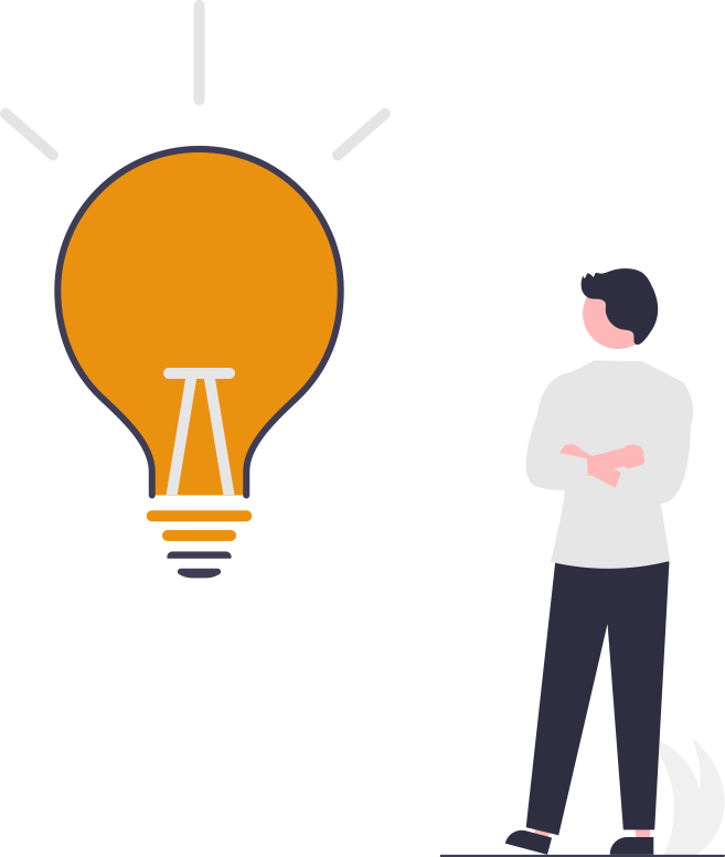 undraw_lightbulb_moment_re_ulyo - maconda Illustration Person with crossed arms next to a large orange light bulb symbol for an idea