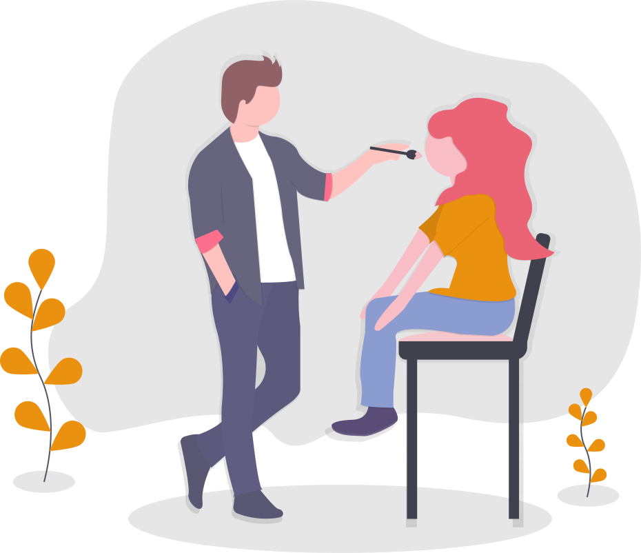 undraw_makeup_artist_rxn8 - maconda Illustration Man hands a small object to a seated woman with pink hair against a dark background