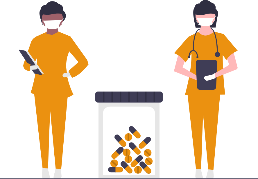 undraw_medical_care_movn - maconda Illustration Two caregivers with masks in orange clothing next to a large can of capsules and tablets