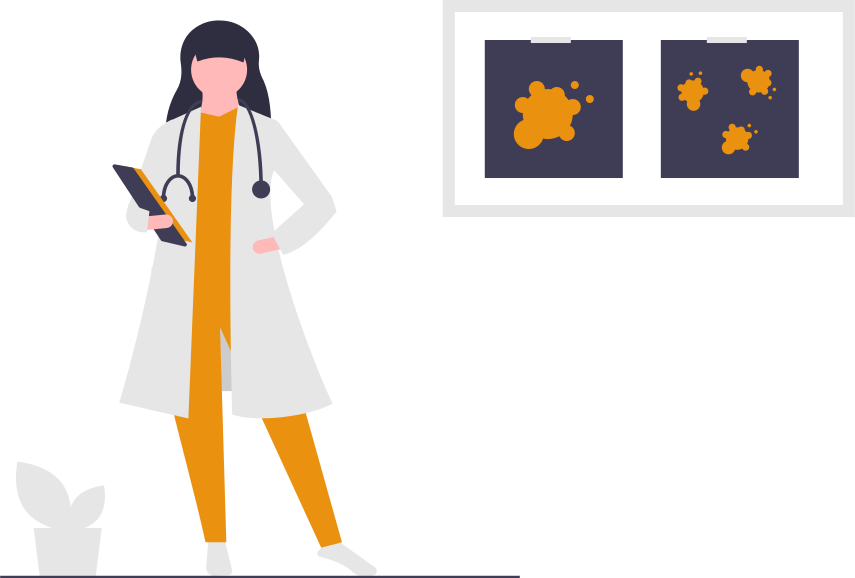 undraw_medical_research_qg4d - maconda Illustration Female doctor in white coat with stethoscope and tablet next to a wall frame with two diagnostic images