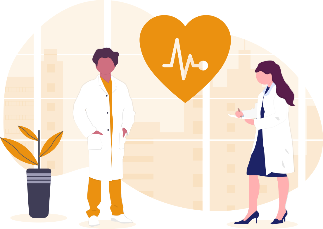 undraw_medicine_b1ol - maconda Illustration Two researchers in white lab coats talking in front of an orange background with a potted plant next to them