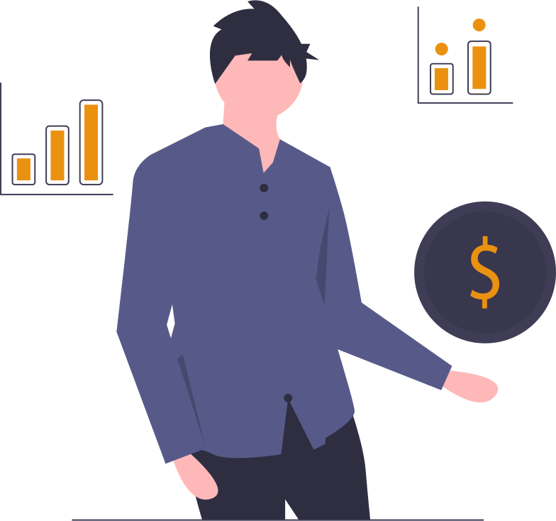undraw-personal-finance-tqcd - maconda Illustration Person with bar charts and a large dollar coin symbol for finance and business analysis