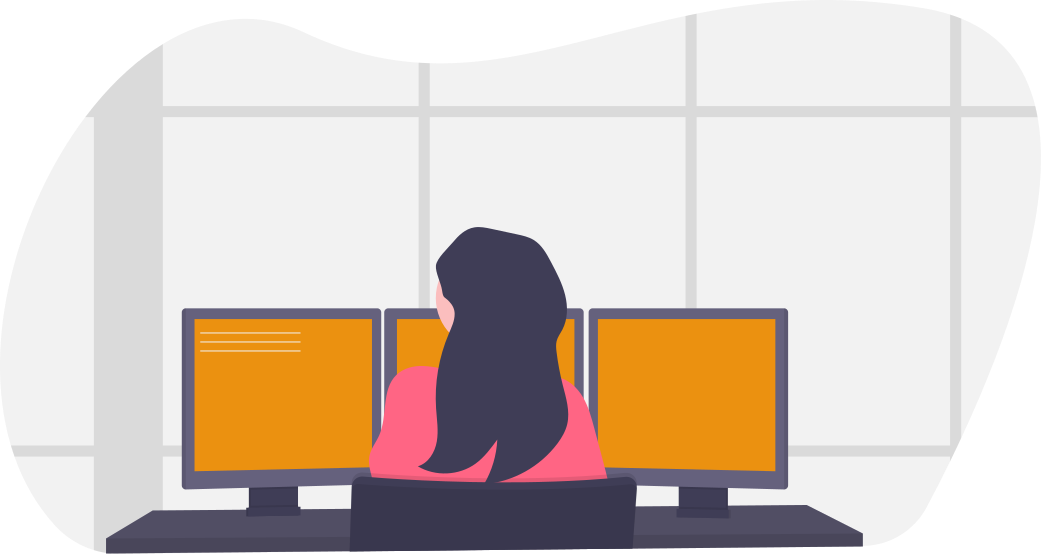 undraw_programmer_imem - maconda Illustration Person with dark hair sitting at a desk with four monitors with orange screens