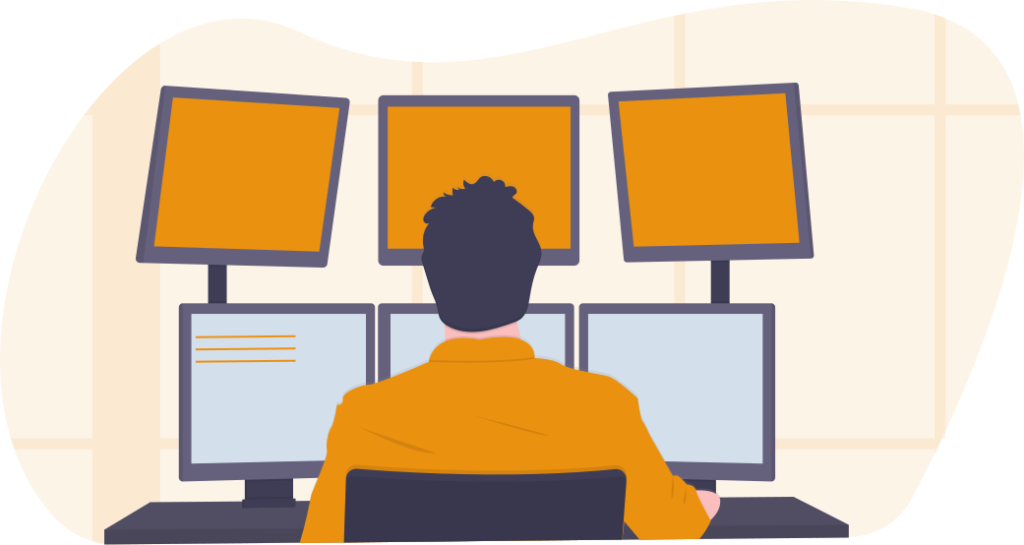 Illustration Person in an orange shirt sitting at a desk with four monitors seen from behind