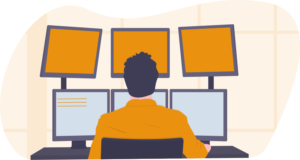 Illustration: Person in an orange shirt sitting at a desk with four monitors, seen from behind.