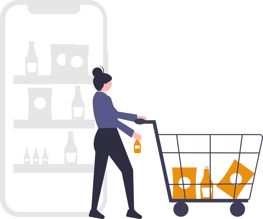 Illustration: Person pushing a full shopping cart next to a large refrigerator.