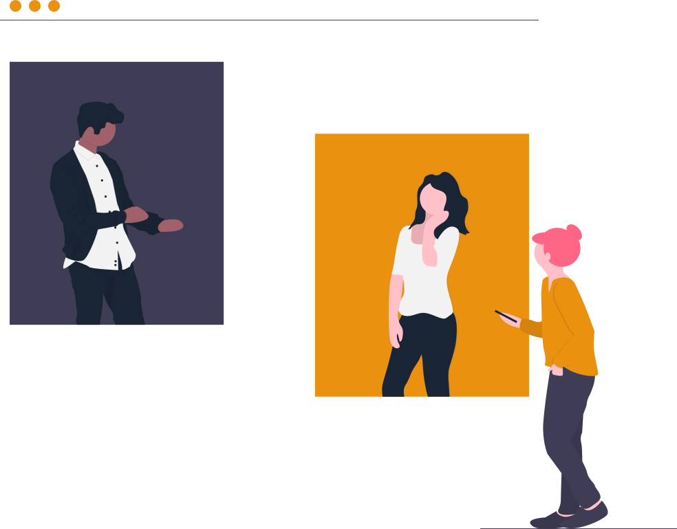 Illustration: Person with pink hair in an orange sweater looking at their smartphone in a gallery.