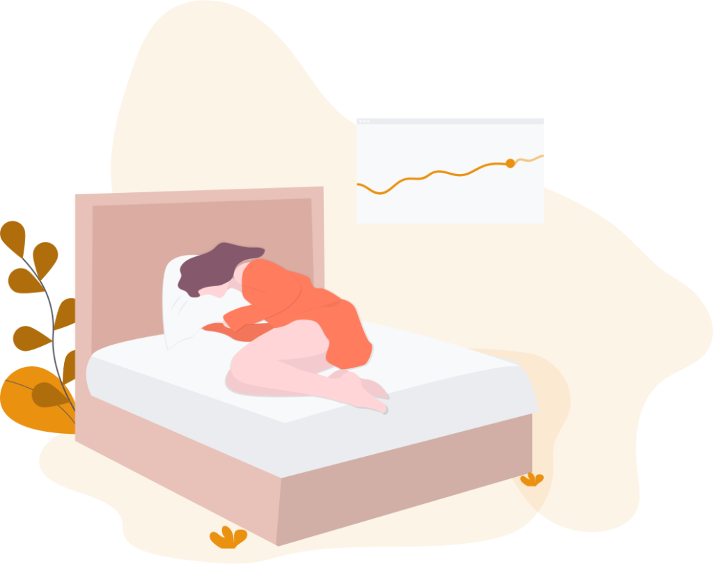 Illustration: Person sleeping on their side in bed, in a warm bedroom with a plant and a line chart on the wall.