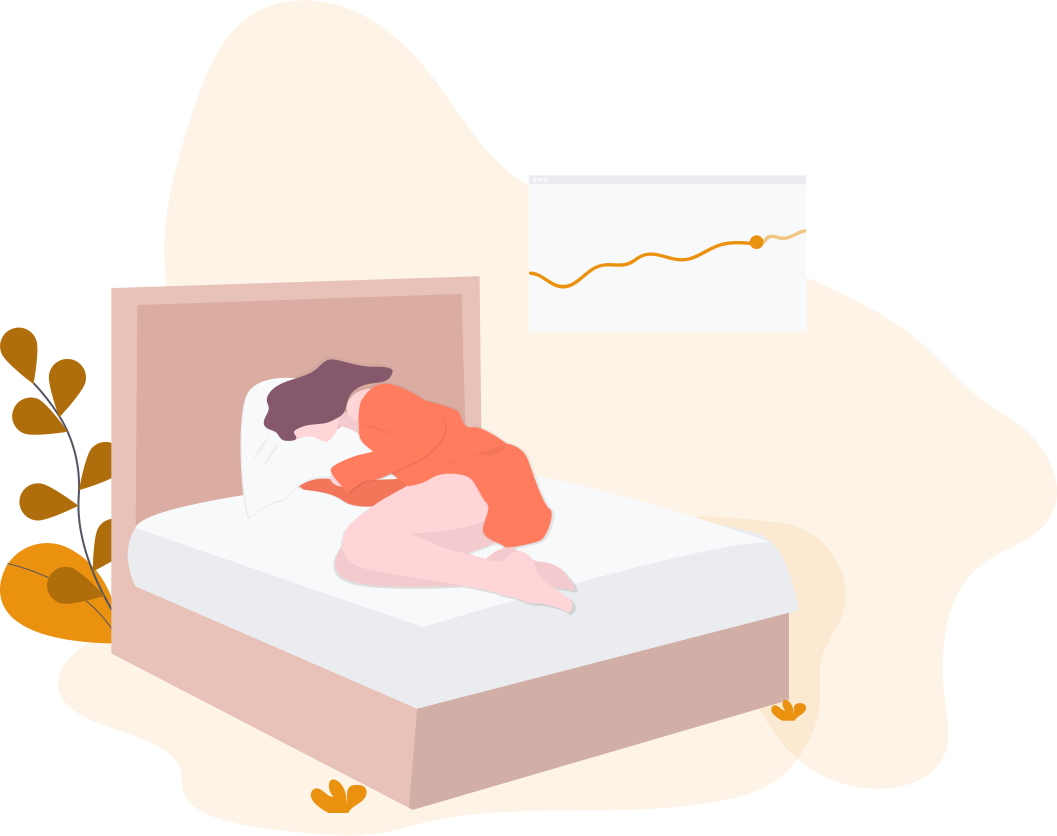 Illustration: Person sleeping on their side in bed, in a warm bedroom with a plant and a line chart on the wall.