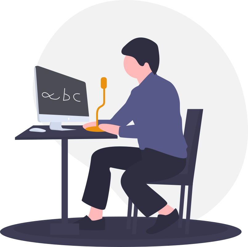 undraw_speech_to_text_9uir - maconda Illustration Person at a desk in front of a computer with a large orange microphone