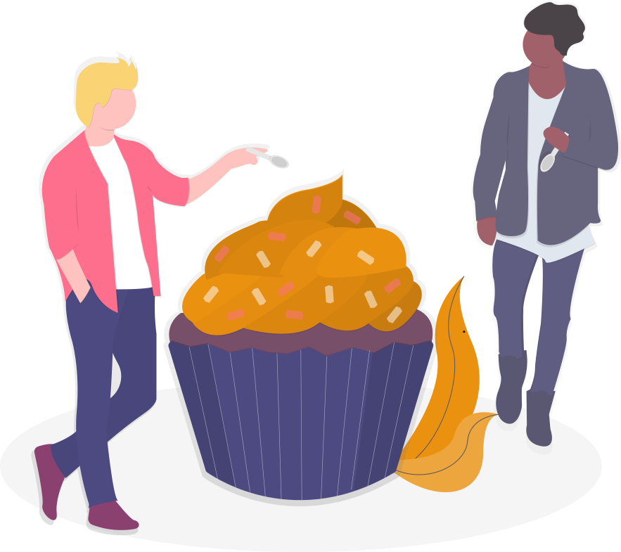Illustration Two people next to a giant cupcake with orange frosting and sprinkles