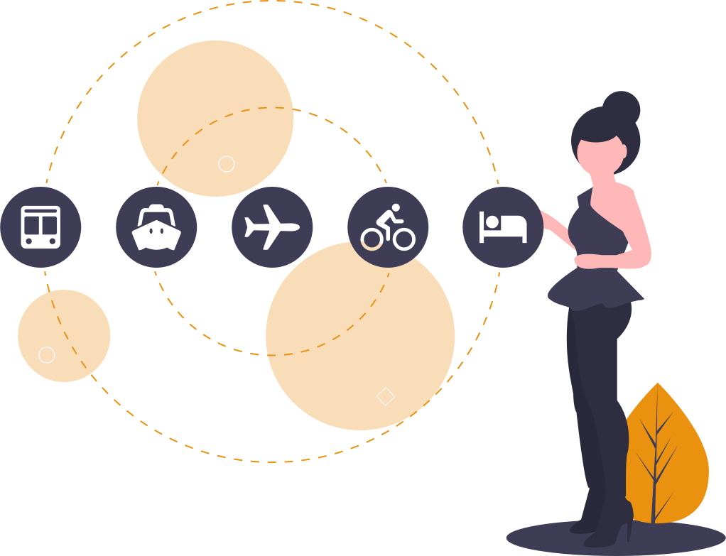 Illustration Woman with circular travel diagram of bus passport airplane bicycle and bed icons