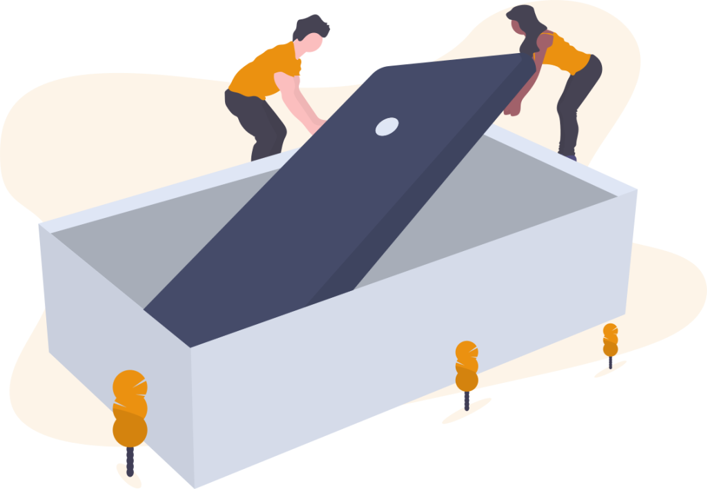 undraw_unboxing_pbmf - maconda Illustration Two people next to an open white box from which a large dark blue object slides out