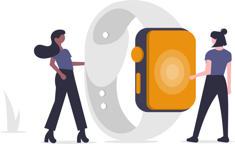 Illustration Two people are standing next to a huge orange smartwatch