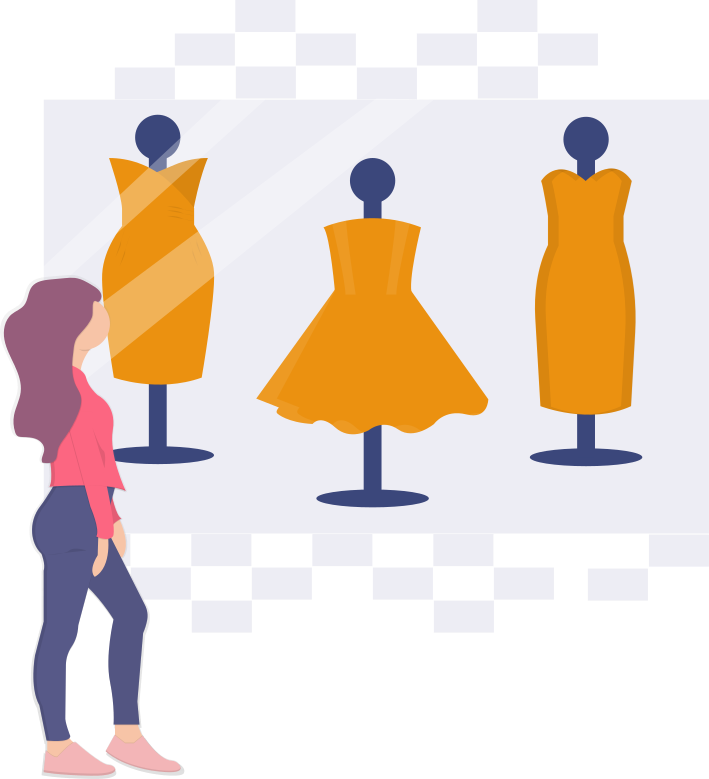 undraw_window_shopping_b96y - maconda Illustration Woman next to three orange dresses on mannequins in a boutique