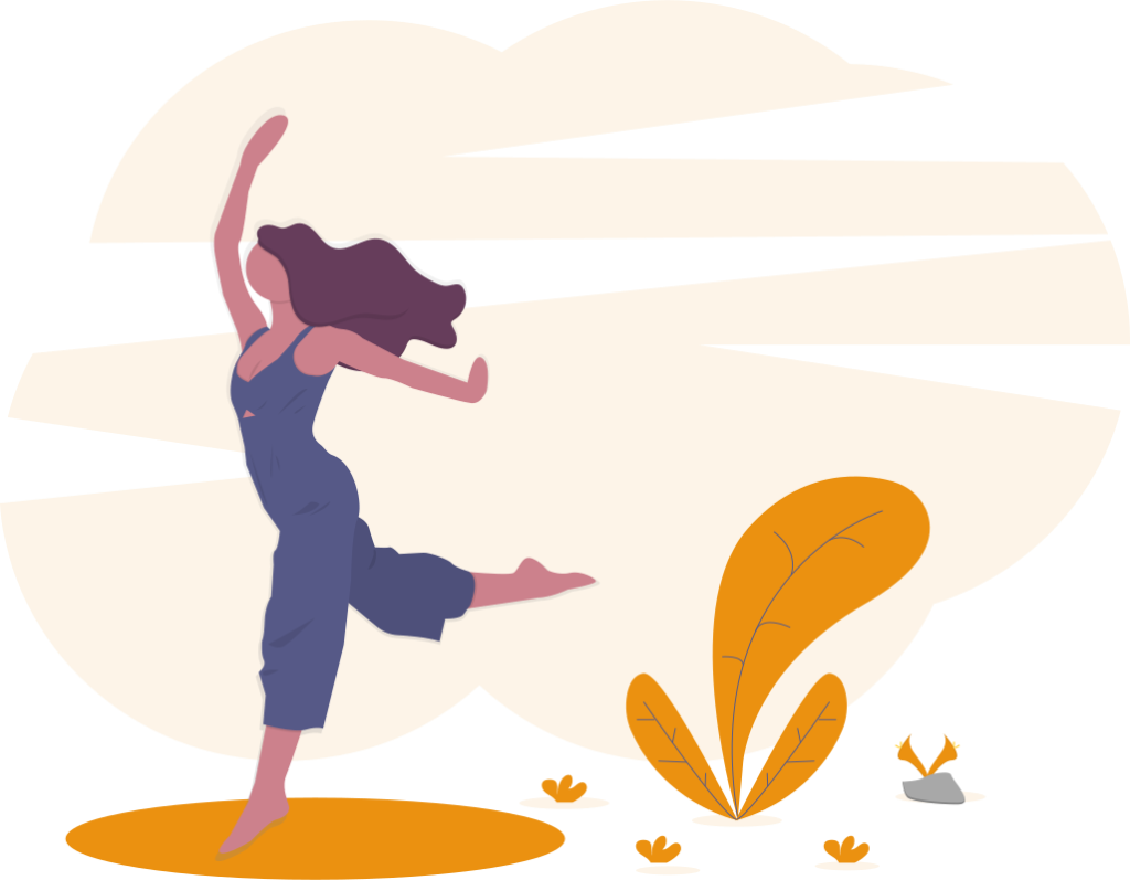 Illustration: Person with purple hair in blue overalls jumping with arms raised in front of an orange sun.