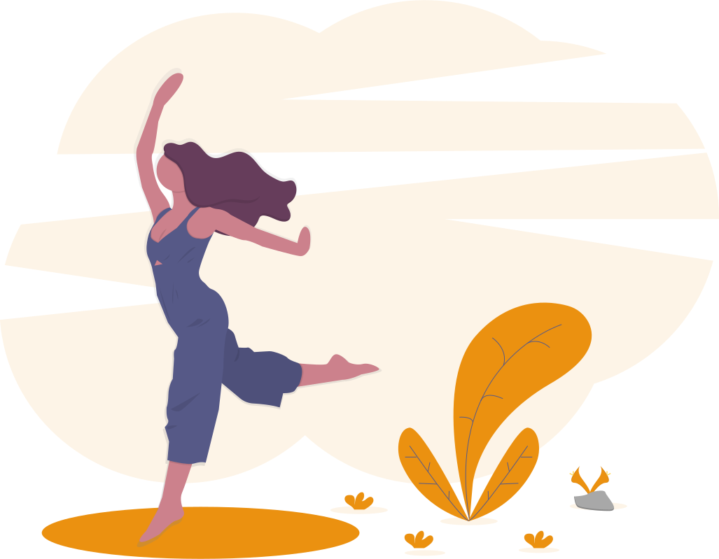 Illustration Person with purple hair in blue overalls jumping with arms raised in front of an orange sun