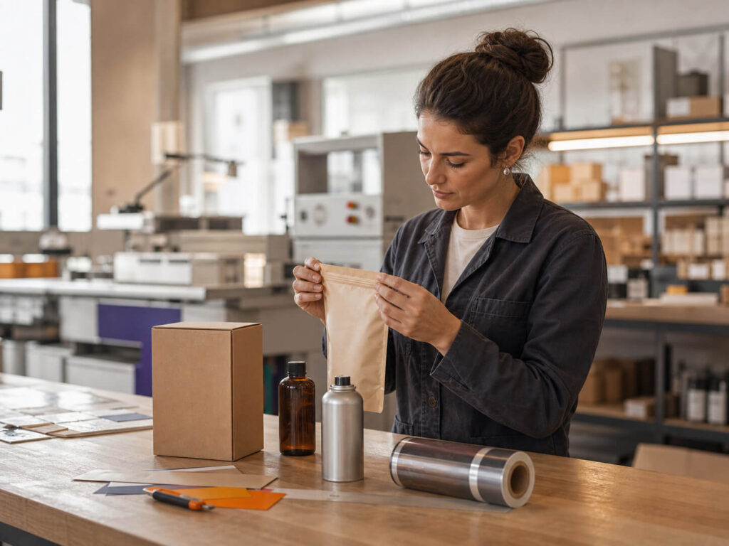 packaging - maconda Woman sealing a brown paper bag at a table with cardboard and packaging materials in a workshop