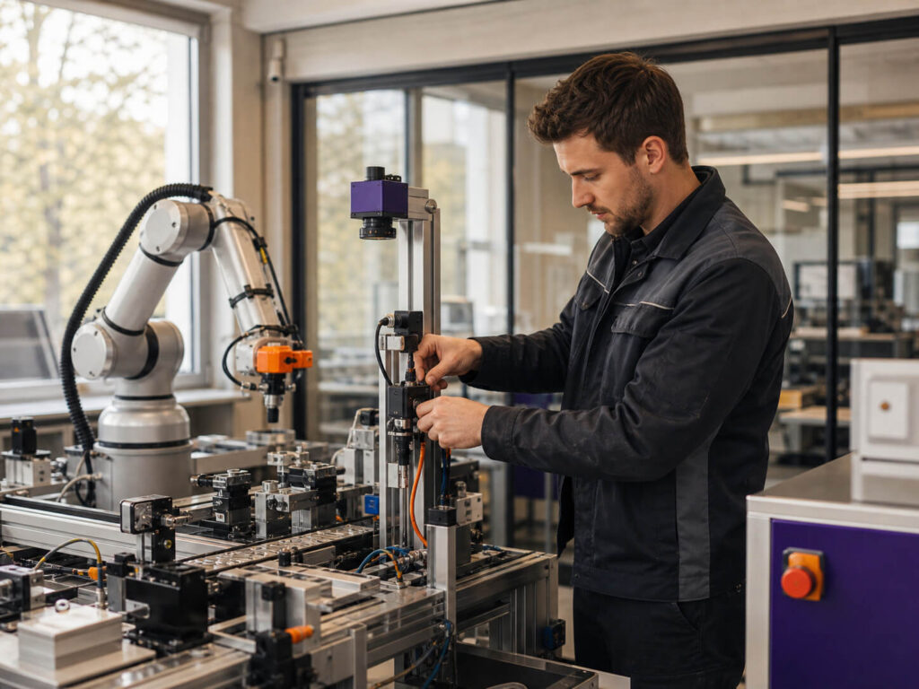 Future Technologies - maconda Technician in dark overalls adjusts a precision machine with a robotic arm in a bright laboratory