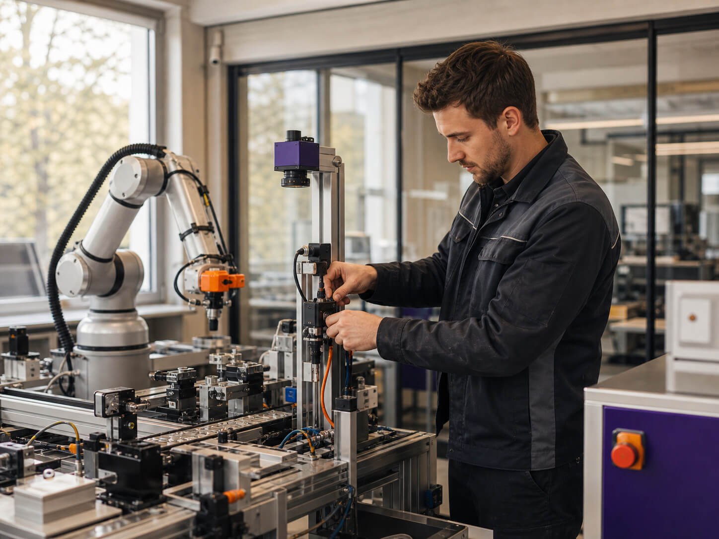 Future Technologies - maconda Technician in dark overalls adjusts a precision machine with a robotic arm in a bright laboratory